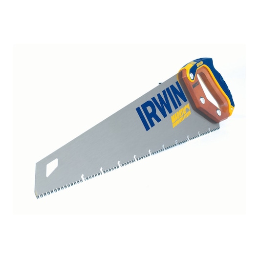 IRWIN hand saw 2011204 with blue and yellow handle, wide steel blade, front angle on white background.