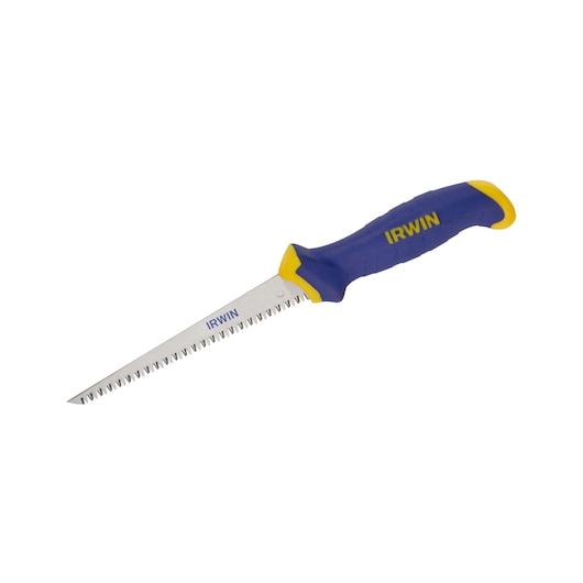 Photo of IRWIN 2014100 keyhole saw with blue and yellow ergonomic handle and serrated blade, side angle.