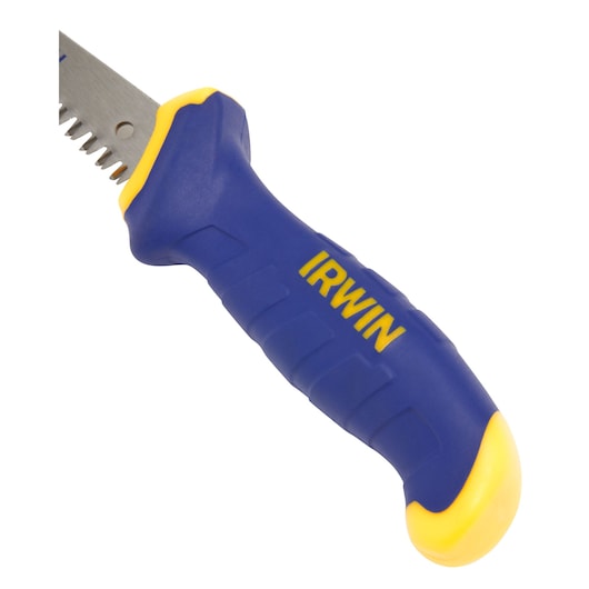 IRWIN 2014100 jab saw with blue and yellow ergonomic handle, angled close-up on white background.