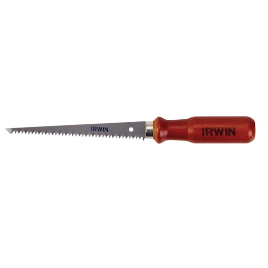 IRWIN 2014102 jab saw with sharp steel blade and wooden handle, side view on white background.