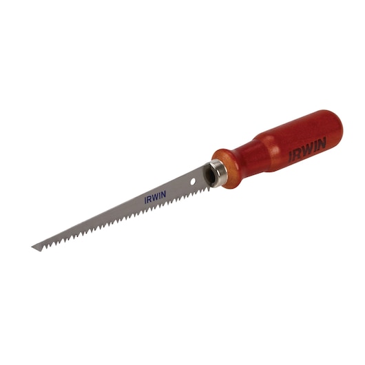 IRWIN 2014102 keyhole saw with serrated blade and wooden handle, side angle on white background.