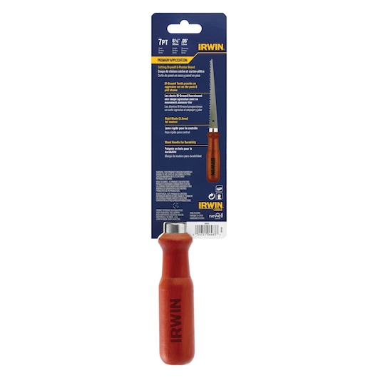 IRWIN 2014102 keyhole saw with wood handle in retail packaging, rear angle on white background.