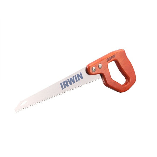 IRWIN 2014200 hand saw with silver blade and orange wood handle, side view on white background.