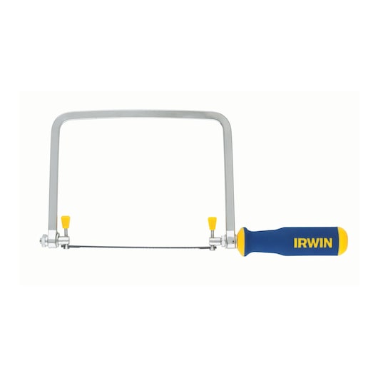 IRWIN coping saw with blue and yellow handle, SKU 2014400, front angle on white background.
