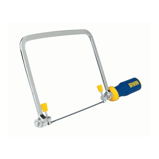 IRWIN coping saw with blue and yellow handle, SKU 2014400, side angle on white background.