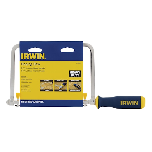 IRWIN coping saw 2014400 photography front angle, blue and yellow handle, metal frame, in retail packaging.