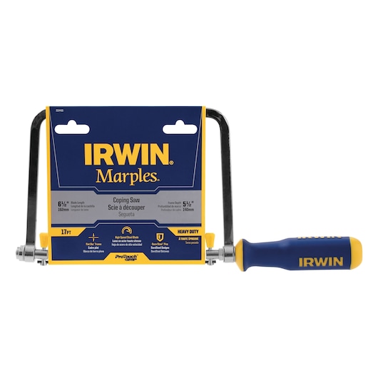 IRWIN Marples coping saw 2014400, blue and yellow handle, front angle on white background.