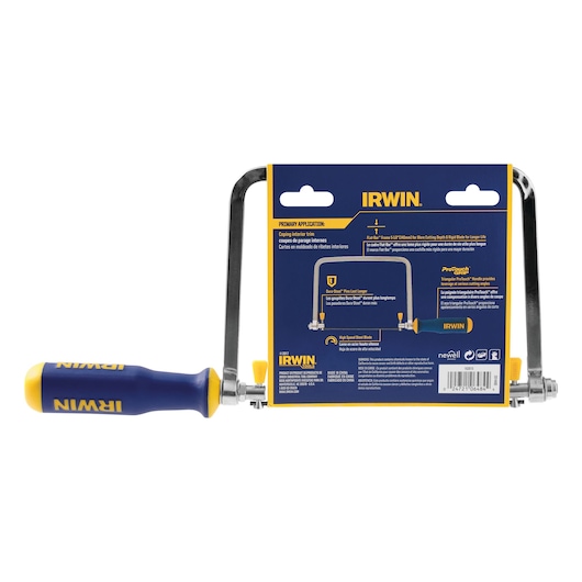 IRWIN coping saw with blue and yellow ergonomic handle, SKU 2014400, rear view showing packaging and instructions.