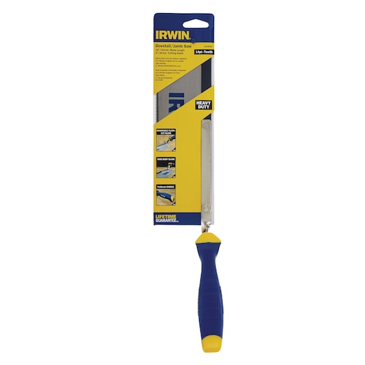 IRWIN 2014450 dovetail jamb saw with blue and yellow ergonomic handle, front angle, white background.