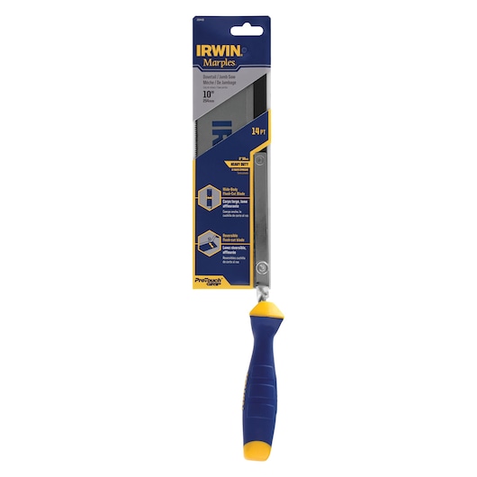 IRWIN dovetail jamb saw 2014450, blue and yellow handle, 10 inch blade, front angle on white background