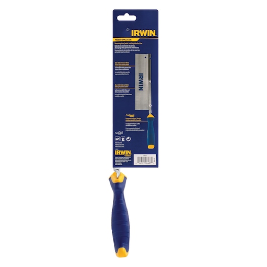 IRWIN dovetail saw with blue and yellow ergonomic handle, packaging visible, SKU 2014450, rear angle.