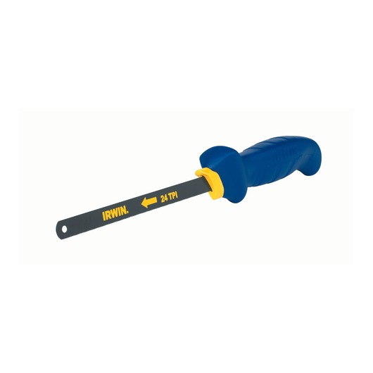 IRWIN 2015100 hacksaw with blue ergonomic handle and 24 TPI blade, side angle on white background.