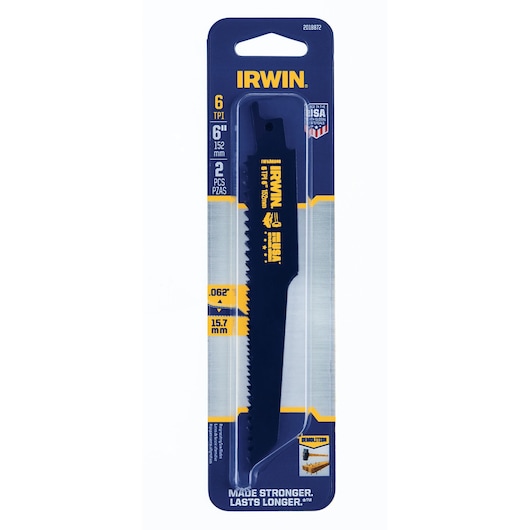 IRWIN 6-inch demolition reciprocating saw blade 2-pack in dark blue packaging, SKU 2018872, front angle.