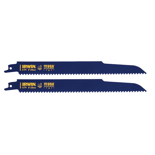 IRWIN 2018873 blue 9-inch reciprocating saw blades with 6 TPI, two blades side by side on white background.