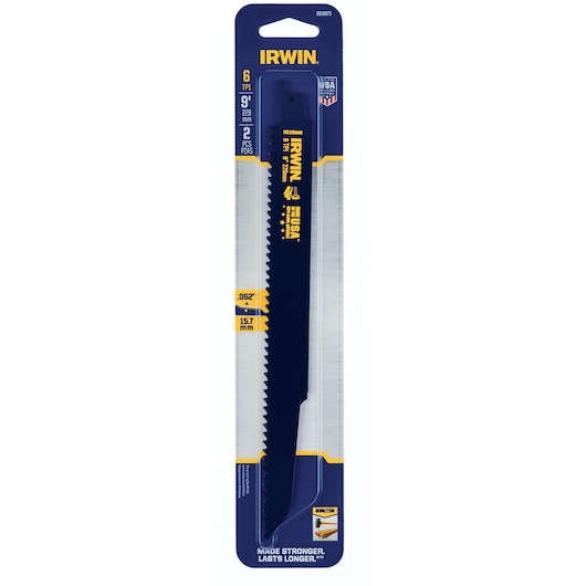 IRWIN 2018873 demolition reciprocating saw blade, 9 inch, 6 TPI, blue finish, front-facing view in retail packaging.