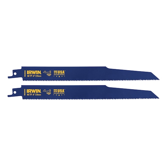 Photo of two IRWIN blue reciprocating saw blades, 10 TPI, 9 inch, SKU 2018874, side view on white background.
