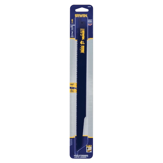 Photo of IRWIN reciprocating saw blade 2018875, blue blade in retail packaging on white background.