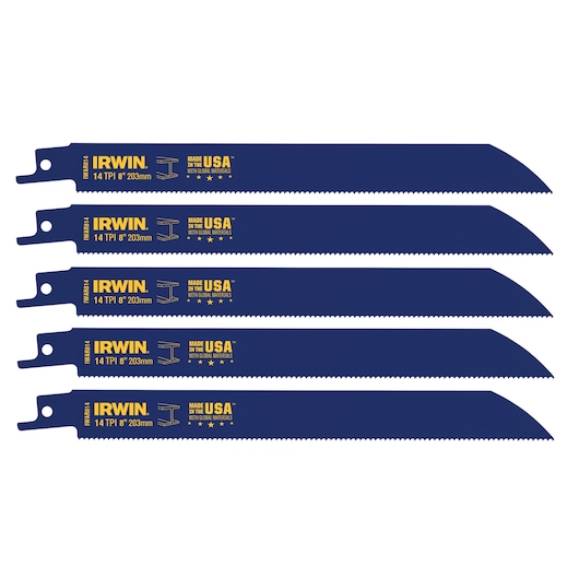 IRWIN 2018877 blue reciprocating saw blades set, 14 TPI, 8 inch, side angle, product photography.