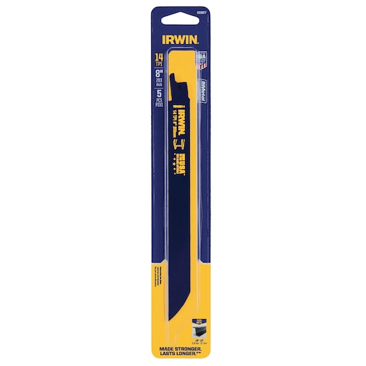IRWIN 2018877 reciprocating saw blade 8-inch 14 TPI, 5 pack in blue and yellow retail packaging, front angle.