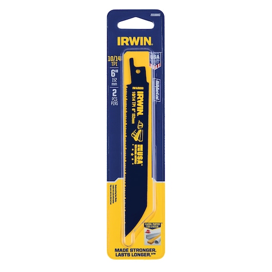 IRWIN 2018880 reciprocating saw blade 6 inch 10/14 TPI, 2 pack, front packaging on white background.