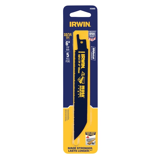 IRWIN 6 inch bi-metal reciprocating saw blade 5 pack, blue and yellow, product packaging front view 2018881.