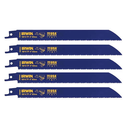 Photo of IRWIN 2018882 blue reciprocating saw blades, 8 inch, 10/14 TPI, set of four, side angle.