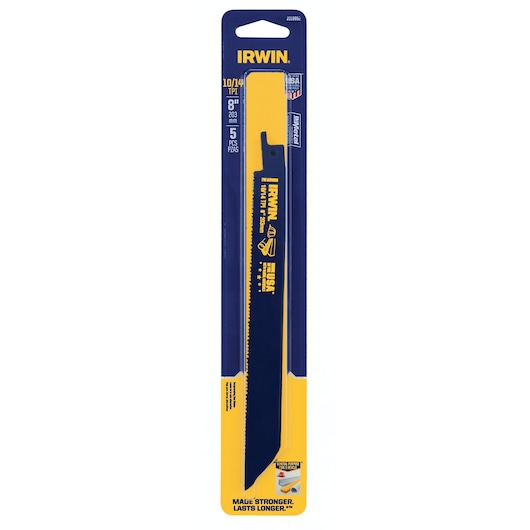 Photo of IRWIN 2018882 reciprocating saw blade set, 8 inch, 5 pieces, in retail packaging, front angle.