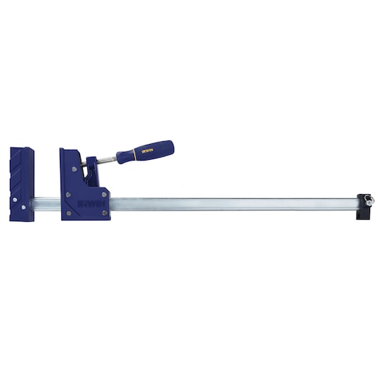 IRWIN 2026500 bar clamp with blue handle and metal rail, side angle on white background.