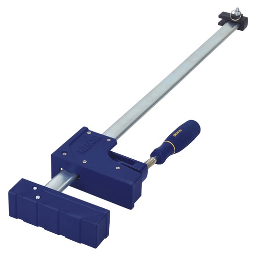 IRWIN bar clamp 2026500 with blue jaws and handle, side angle on white background.