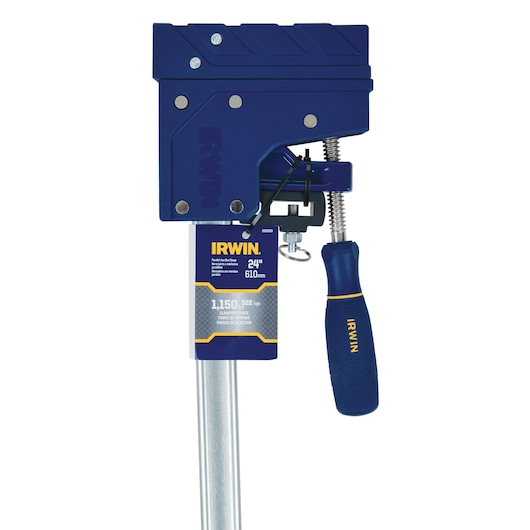 Photo of IRWIN 2026500 bar clamp with blue handle, 24 inch, shown from front on white background.