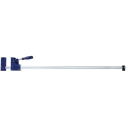 Photo of IRWIN 2026501 bar clamp with blue handle and jaw, side view on white background.