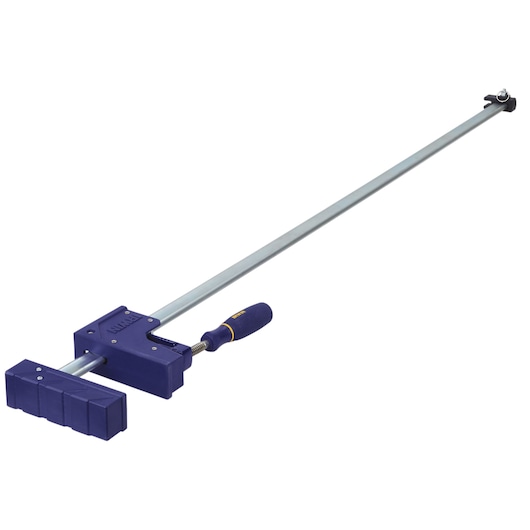 IRWIN 2026501 bar clamp with blue plastic jaws and long metal rail, side view on white background.
