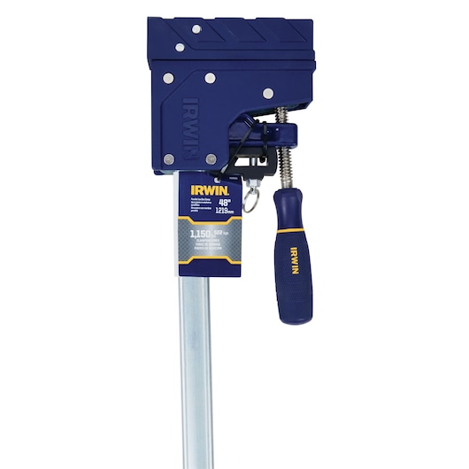 IRWIN 2026501 photography of blue bar clamp with 48 inch capacity, front angle on white background.