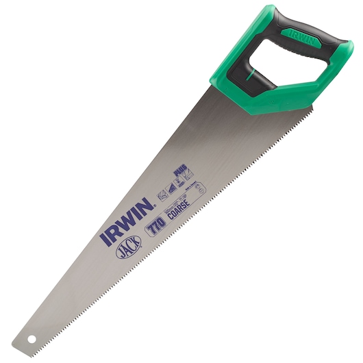 IRWIN hand saw with green handle, silver blade, SKU 2028296, left angle on white background