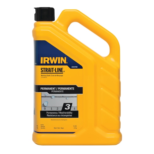 IRWIN STRAIT-LINE SKU 2032160 yellow marking chalk container, black cap, front view, permanent formula.
