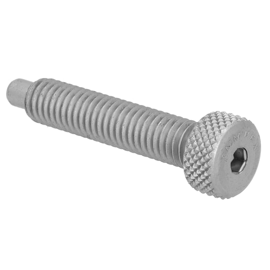 IRWIN 2071910 metal hex socket screw with knurled head, side angle on white background.