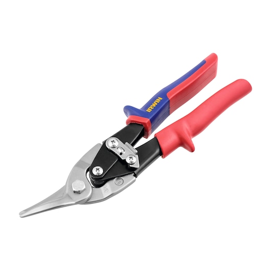 IRWIN 2073111 aviation snips with angled steel blades, red and blue ergonomic handles, side view on white background.