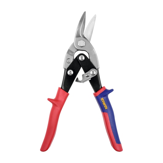 IRWIN 2073111 aviation snips with steel blades and red-blue ergonomic handles, front angle photo.
