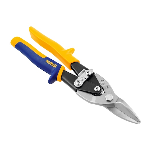 IRWIN 2073113 aviation snips with blue and yellow handles, angled cutting blades, on white background.