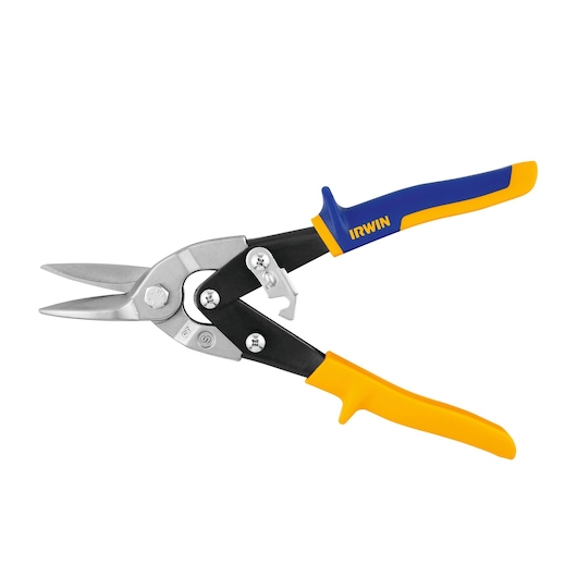 IRWIN 2073113 aviation snips with straight cutting blades, blue and yellow handles, side view, white background.