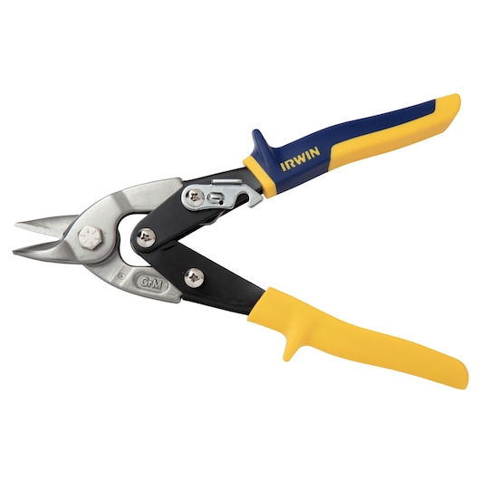 IRWIN aviation snips 2073115 with straight blades, yellow and blue handle, white background, side view.