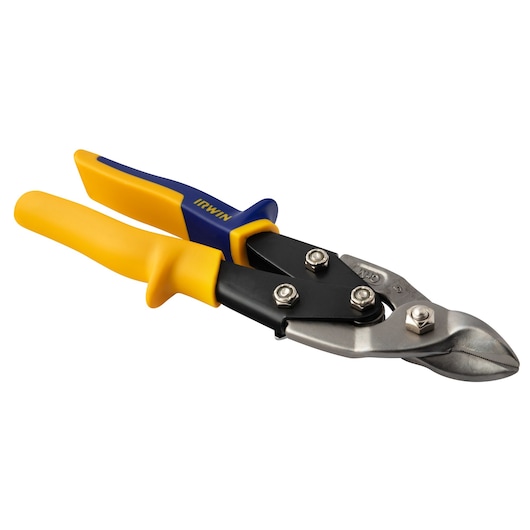 IRWIN 2073115 aviation snips with yellow and blue ergonomic handles, angled side view on white background.