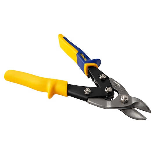 Photo of IRWIN 2073115 aviation snips with yellow and blue handles, angled on white background.