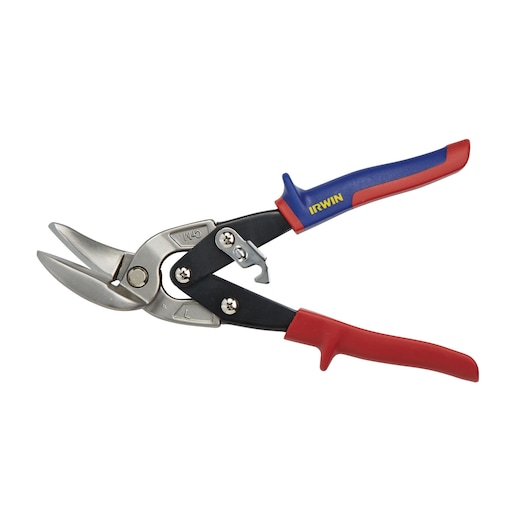 IRWIN 2073211 aviation snips with angled steel blades and red-blue handle, side view, white background.