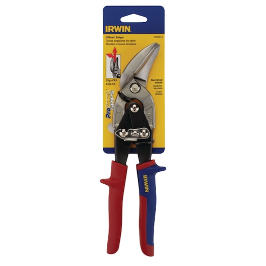 IRWIN offset snips with red and blue ProTouch grips in retail packaging, SKU 2073211, front angle.