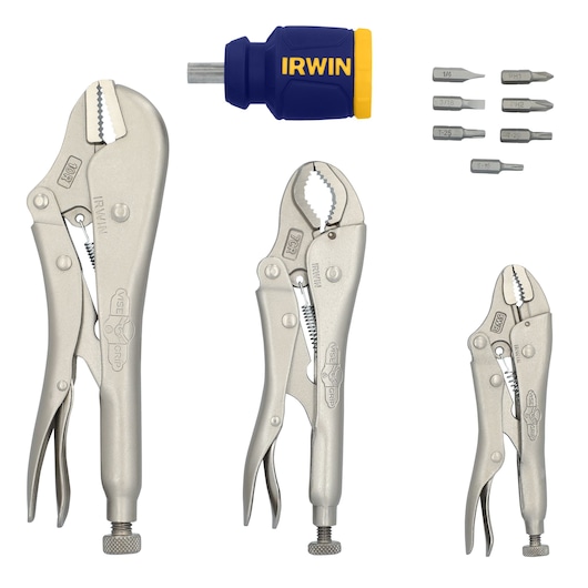 IRWIN 2077703 locking pliers set with three silver pliers, blue-yellow bit driver, and seven screwdriver bits, front view.