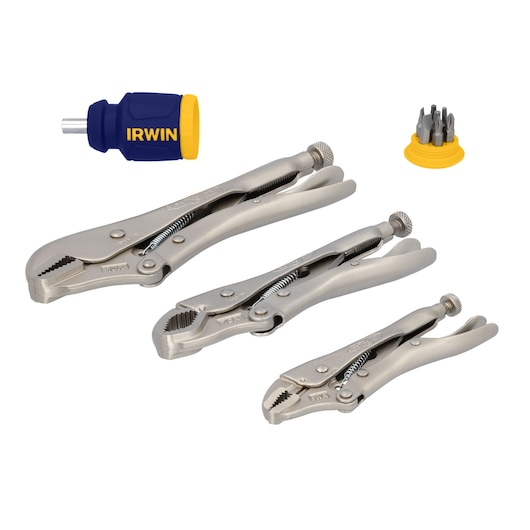 IRWIN 2077703 set of three silver locking pliers, stubby screwdriver, and bit holder on white background.