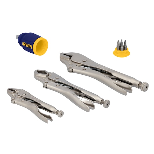 IRWIN 2077703 photography of three locking pliers, bit holder, and screwdriver bits on white background.