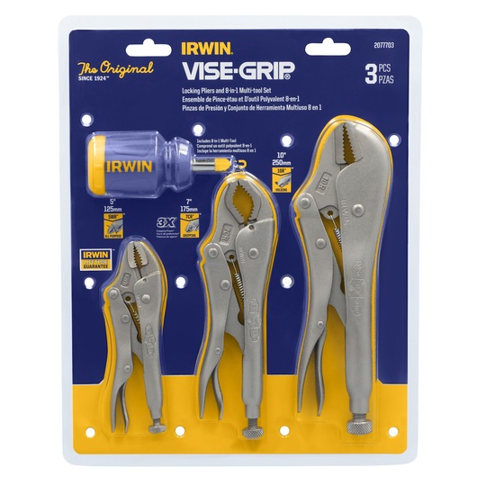 IRWIN VISE-GRIP 3-piece locking pliers and 8-in-1 multi-tool set, silver tools and blue/yellow handle, front angle 2077703