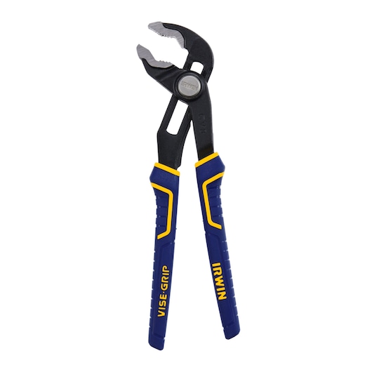 IRWIN 2078108 groove joint pliers with blue and yellow comfort grip handles, product photo on white background.
